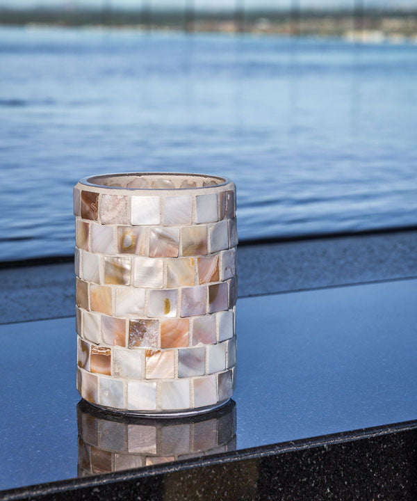 Mother of Pearl Rechargeable Flameless Candle Holder on Resort Table Top 