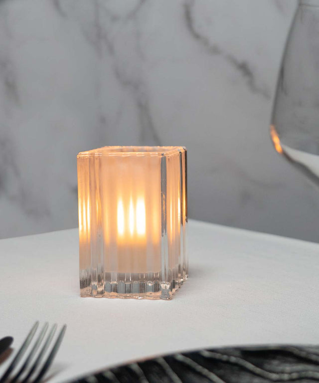 Square Vertically Ribbed Glass Flameless Candle Holder